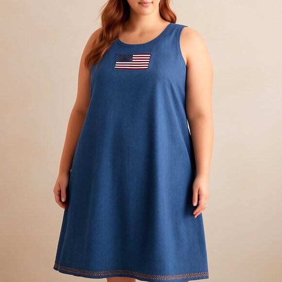 Expressions Plus 22W Denim Dress Blue American Flag Sleeveless Casual - Picture 7 of 7